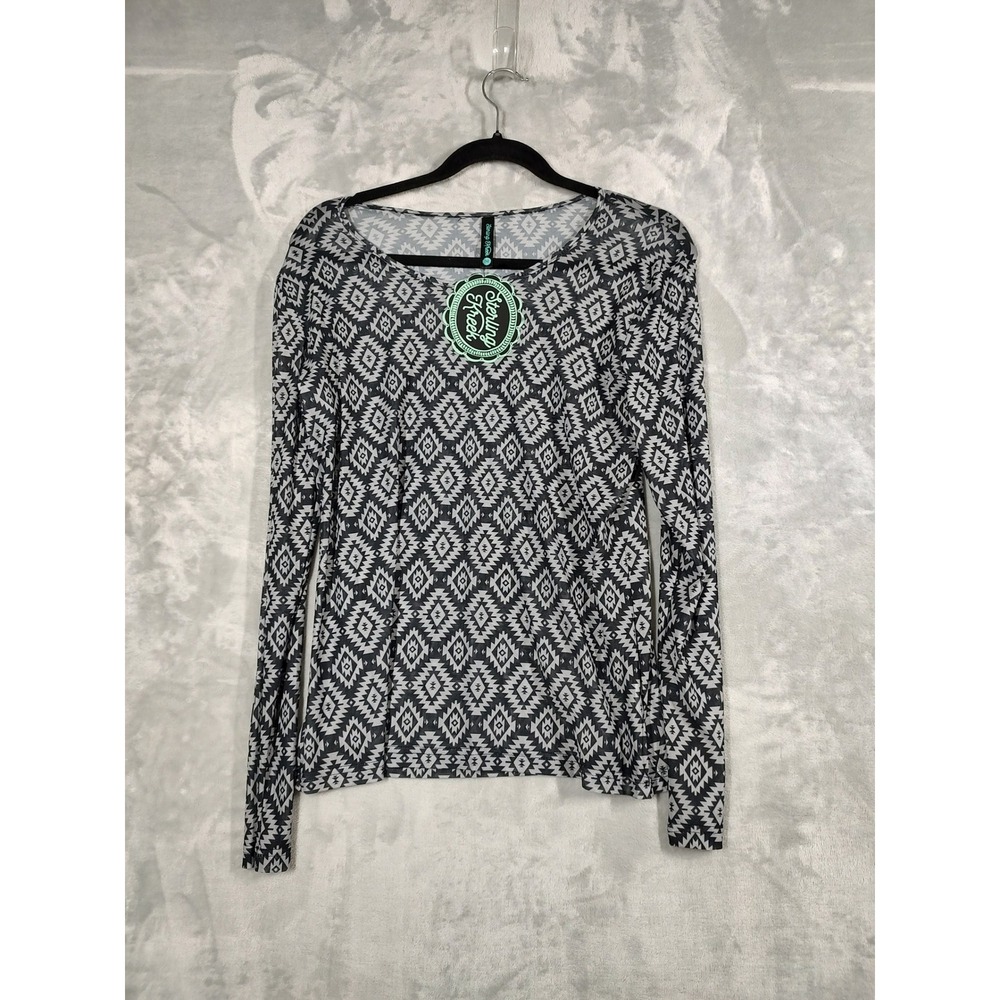 Sterling Kreek Womens Aztec Geometric Sheer Long Sleeve Scoop Neck Top Black M